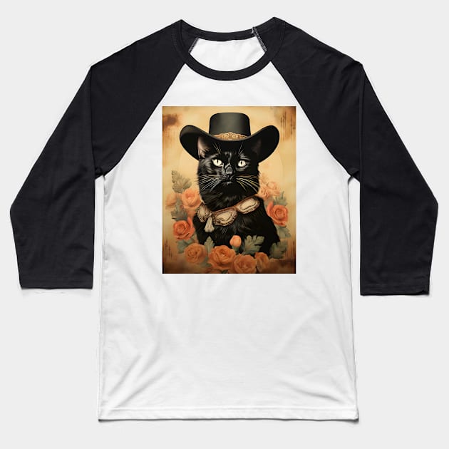 Retro Vintage Cowboy Black Cat - Whiskered Wild West Adventure Baseball T-Shirt by KittyStampedeCo